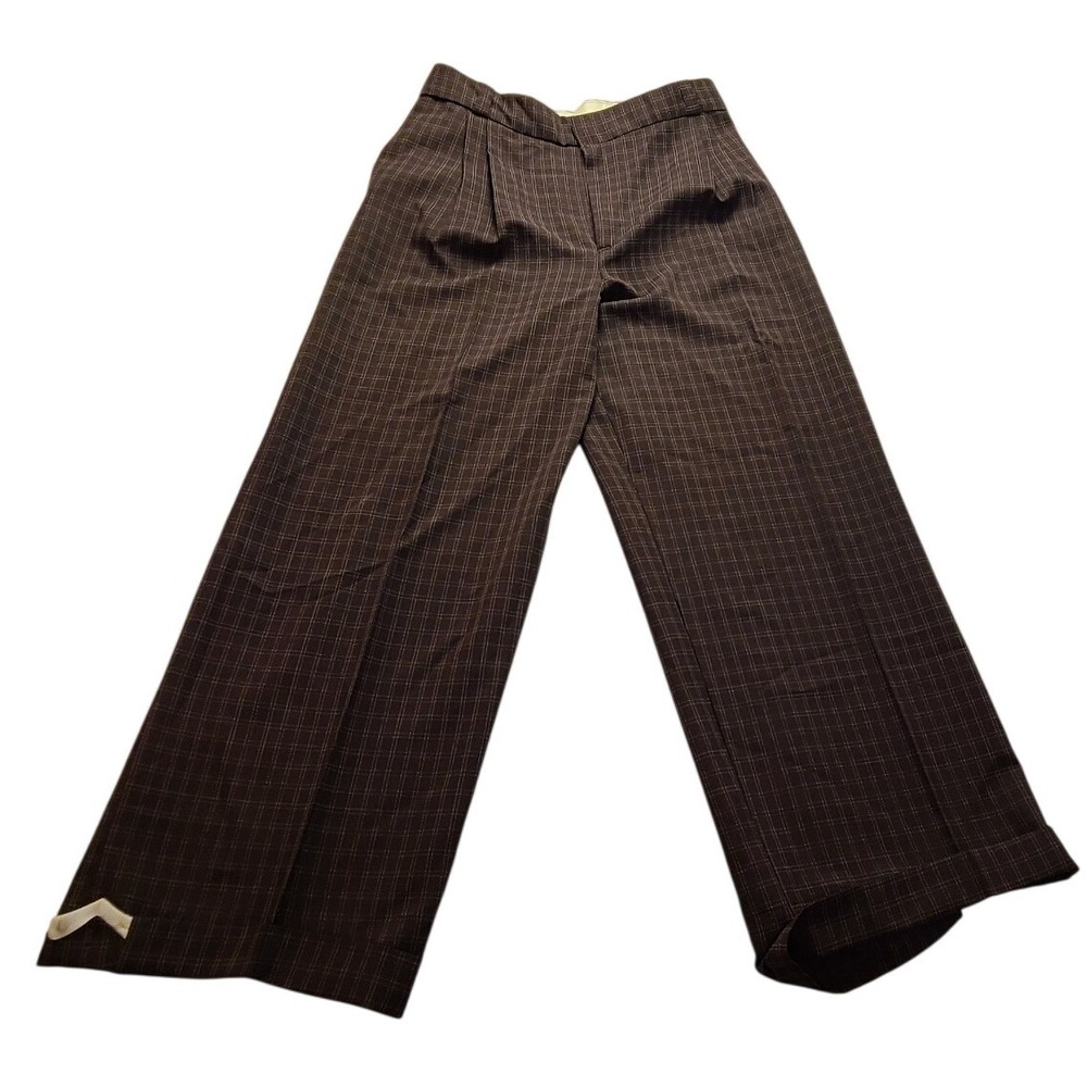 Vintage Brown Grid Plaid Wide Leg Pleated Trousers HighWaist Women's 28x31 Pants
